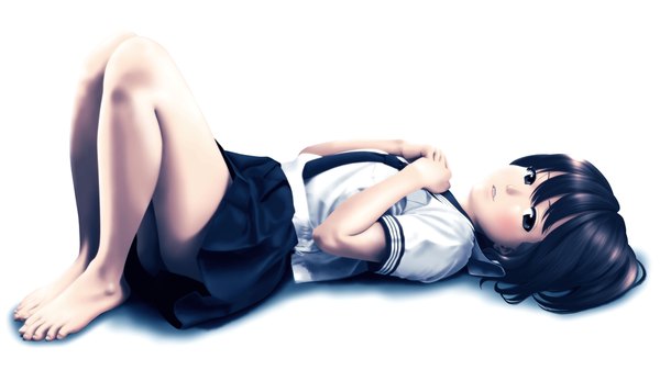 Anime picture 1920x1080 with original tora tsugumi single looking at viewer blush fringe highres short hair light erotic black hair simple background hair between eyes wide image white background full body bent knee (knees) lying parted lips pleated skirt barefoot