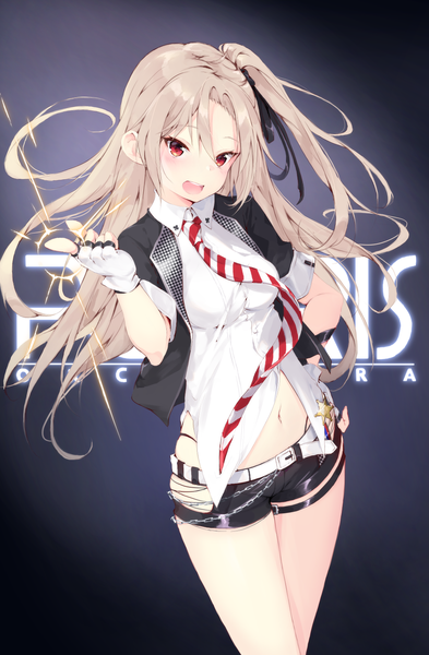 Anime picture 1050x1600 with azur lane cleveland (azur lane) cleveland (muse) (azur lane) t-bth single long hair tall image looking at viewer blush fringe breasts open mouth simple background smile hair between eyes red eyes head tilt :d grey hair open jacket