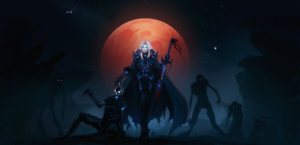 Anime picture 1600x774 with world of warcraft blizzard entertainment blood elf long hair blue eyes blonde hair wide image magic glowing glowing eye (eyes) red moon zombie army girl sword armor blood star (stars) cloak