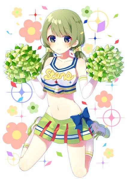 Anime picture 849x1200 with battle girl high school tokiwa kurumi mafuyu (chibi21) single long hair tall image looking at viewer blush fringe breasts simple background twintails green eyes pleated skirt green hair bare belly midriff low twintails groin cheerleader