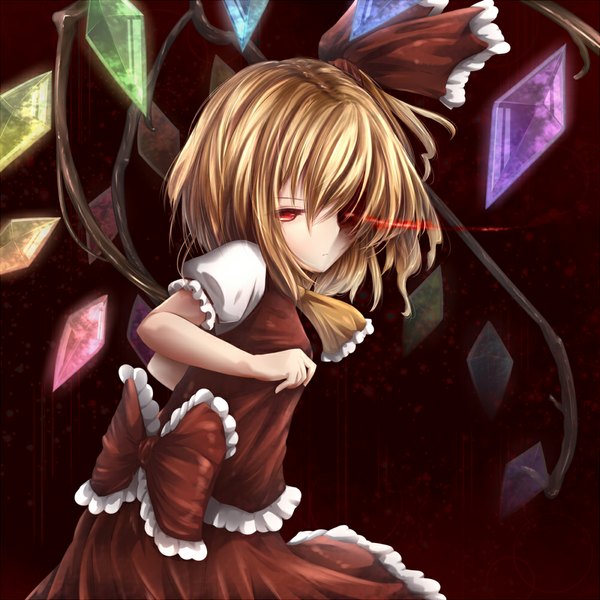 Anime picture 1000x1000 with touhou flandre scarlet kisa (k isa) single looking at viewer short hair blonde hair red eyes from behind short sleeves loli puffy sleeves glowing flat chest alternate hairstyle glowing eye (eyes) serious darkness girl dress