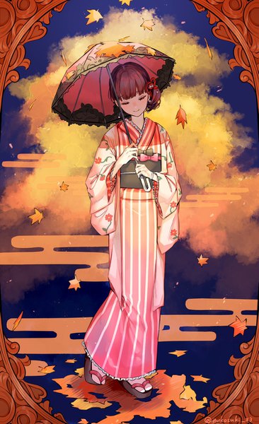 Anime picture 750x1228 with idolmaster idolmaster cinderella girls sakuma mayu koyo akio single tall image fringe short hair brown hair full body blunt bangs eyes closed traditional clothes japanese clothes striped framed egasumi fluttering love girl kimono