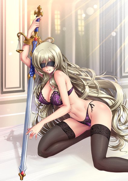 Anime picture 1240x1754 with goblin slayer! sword maiden adsouto single long hair tall image blush fringe breasts light erotic blonde hair large breasts holding signed payot bent knee (knees) indoors arm up sunlight shadow
