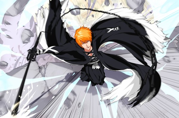 Anime picture 2200x1445 with bleach studio pierrot kurosaki ichigo hiroto touya single looking at viewer highres short hair open mouth holding brown eyes traditional clothes japanese clothes from above orange hair boy gloves weapon sword katana