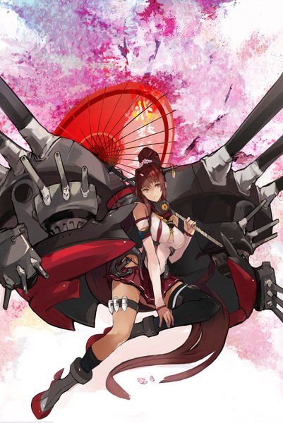 Anime picture 1200x1792 with kantai collection yamato super battleship bobhit single tall image looking at viewer breasts brown hair large breasts ponytail very long hair pink eyes hair flower cherry blossoms weightlessness girl thighhighs skirt hair ornament flower (flowers)