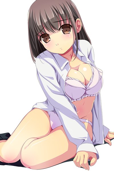 Anime picture 800x1199 with original matsunaga kouyou single long hair tall image blush breasts light erotic black hair white background brown eyes open clothes open shirt girl underwear panties shirt lingerie bra