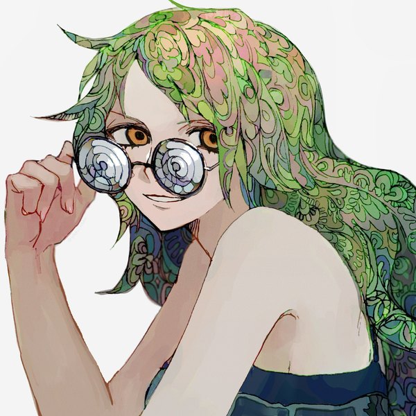 Anime picture 1773x1773 with one piece toei animation monet (one piece) yadu nadu single long hair looking at viewer highres simple background smile white background yellow eyes upper body green hair sleeveless adjusting glasses girl glasses