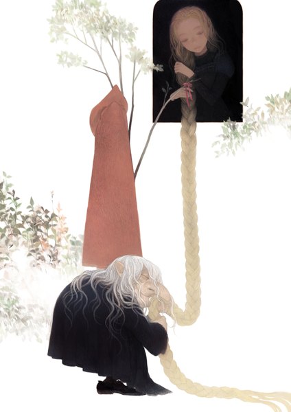 Anime picture 1155x1635 with tangled rapunzel matayoshi long hair tall image white hair eyes closed very long hair single braid long nose old woman girl plant (plants) tree (trees)