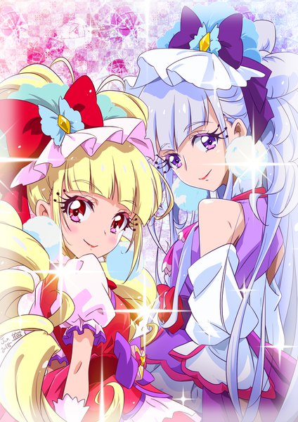 Anime picture 1654x2339 with precure hugtto! precure toei animation ruru amour aisaki emiru cure amour cure macherie nii manabu long hair tall image looking at viewer blush fringe blonde hair smile purple eyes twintails multiple girls payot purple hair