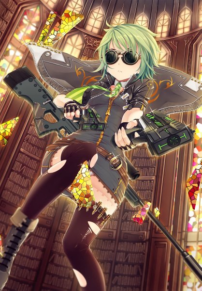 Anime picture 837x1200 with original wait (artist) single tall image short hair light erotic green hair girl thighhighs skirt weapon black thighhighs necktie jacket gun sunglasses torn thighhighs sniper rifle