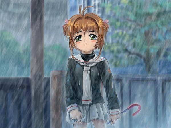 Anime picture 1600x1200 with card captor sakura clamp kinomoto sakura mutsuki (moonknives) two side up rain crying uniform school uniform