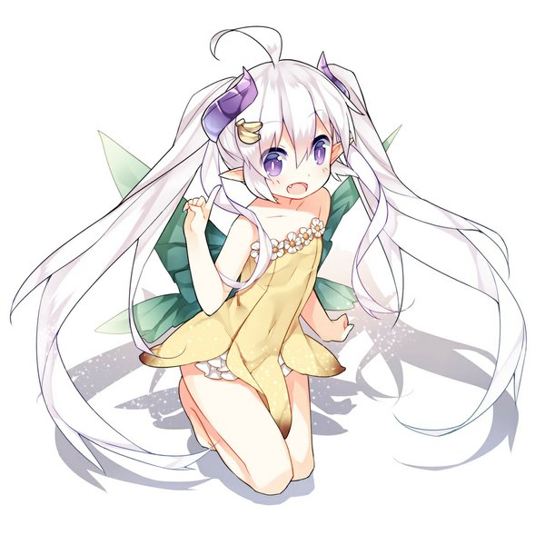 Anime picture 1000x1000 with original rulu saru (longbb) single looking at viewer blush open mouth simple background white background purple eyes twintails bare shoulders ahoge white hair very long hair barefoot horn (horns) loli fang (fangs) kneeling