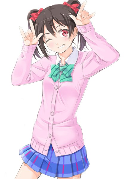 Anime picture 827x1169 with love live! school idol project sunrise (studio) love live! yazawa nico miri (ago550421) single long hair tall image looking at viewer black hair smile red eyes white background twintails one eye closed wink mmm girl skirt uniform