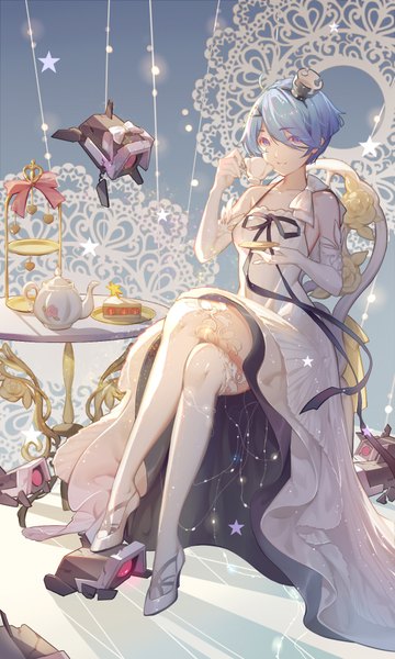 Anime picture 1200x2000 with girls frontline dinergate (girls frontline) zas m21 (girls frontline) emurina single tall image looking at viewer fringe short hair breasts hair between eyes sitting purple eyes bare shoulders blue hair full body arm up sunlight shadow high heels