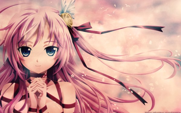 Anime picture 1920x1200 with original matsuryuu single long hair looking at viewer highres blue eyes wide image pink hair sky cloud (clouds) light smile wind wallpaper portrait close-up girl hair ornament ribbon (ribbons) hair ribbon