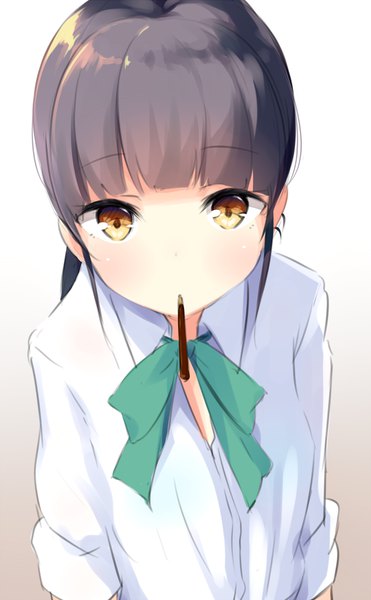 Anime picture 700x1130 with original mimura zaja single long hair tall image looking at viewer blush fringe simple background brown hair holding yellow eyes upper body blunt bangs from above gradient background mouth hold food in mouth pocky day girl