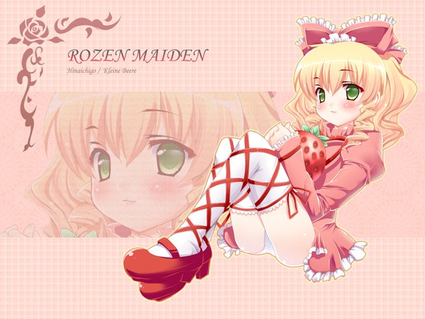 Anime picture 1600x1200 with rozen maiden hina ichigo light erotic pantyshot sitting ribbon (ribbons) food berry (berries) strawberry