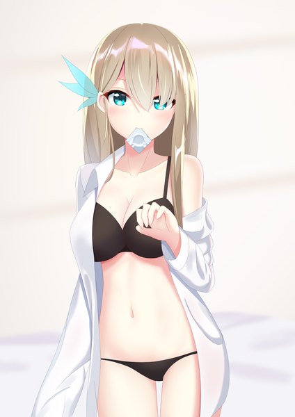 Anime picture 2894x4093 with warship girls r lexington (cv-16) (warship girls r) prinz eugen1938 single long hair tall image looking at viewer blush fringe highres breasts light erotic simple background blonde hair standing holding aqua eyes hair over one eye off shoulder bare belly