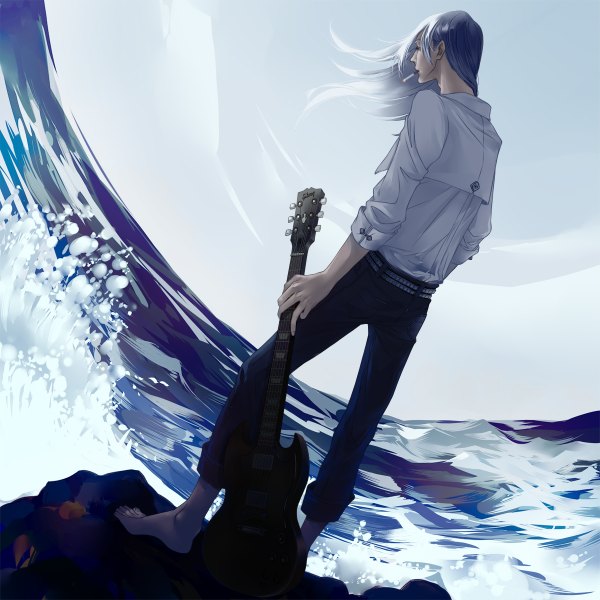 Anime picture 1200x1200 with original aimee (pixiv1129113) single long hair holding sky profile barefoot wind grey hair mouth hold back smoking casual boy sea guitar cigarette wave (waves)