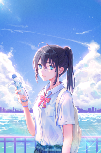 Anime picture 2479x3776 with original lacy (beees002) single long hair tall image looking at viewer blush fringe highres blue eyes black hair hair between eyes standing holding sky cloud (clouds) ahoge outdoors ponytail sunlight