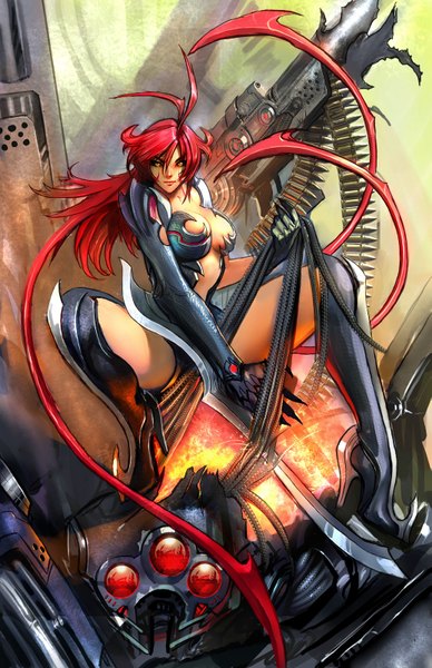 Anime picture 1035x1600 with witchblade amaha masane nebezial single long hair tall image breasts light erotic yellow eyes ahoge red hair face paint girl weapon armor gun fire wire (wires) cartridge blade
