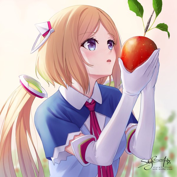 Anime picture 1200x1200 with virtual youtuber hololive aki rosenthal skyrail (skynetrailgun) single long hair blush open mouth blue eyes blonde hair twintails signed upper body low twintails looking up girl gloves elbow gloves white gloves fruit