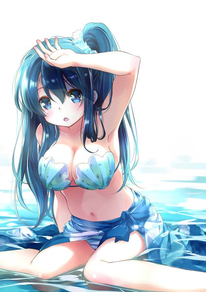 Anime picture 1237x1754 with original 54hao single long hair tall image looking at viewer blush fringe breasts open mouth blue eyes light erotic simple background hair between eyes large breasts white background sitting bare shoulders payot blue hair