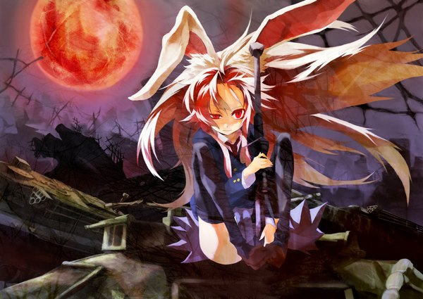 Anime picture 1076x763 with touhou reisen udongein inaba 9ji single long hair red eyes animal ears white hair bunny ears bunny girl destruction red moon girl thighhighs skirt gun