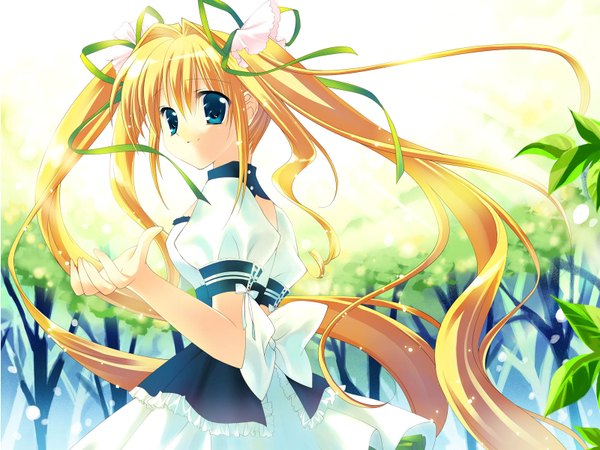 Anime picture 1600x1200 with original rei (rei's room) highres blue eyes blonde hair twintails dress plant (plants) tree (trees)