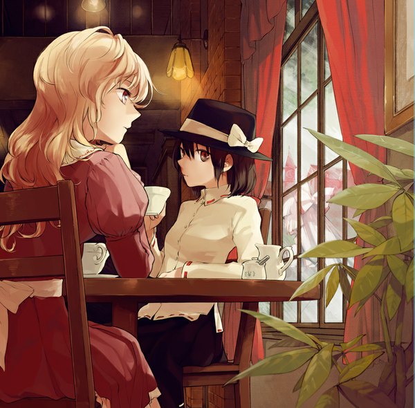 Anime picture 800x787 with touhou changeability of strange dream fujiwara no mokou usami renko maribel hearn nakatani long hair looking at viewer short hair black hair blonde hair sitting multiple girls brown eyes looking away white hair indoors profile girl dress