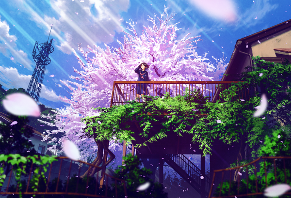 Anime picture 2000x1365 with original mocha (cotton) single highres short hair brown hair standing sky cloud (clouds) sunlight from below cherry blossoms sunbeam revision spring girl uniform plant (plants) petals tree (trees)