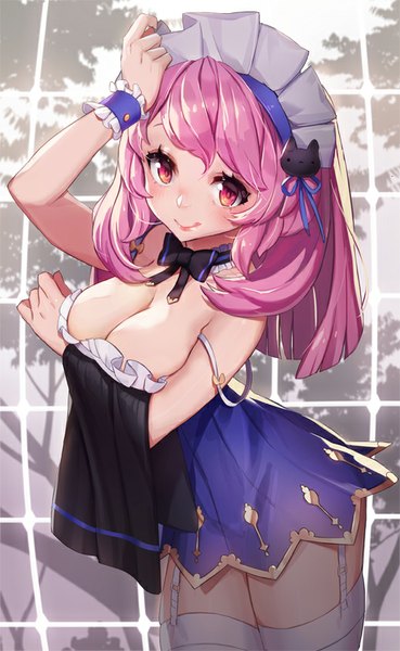 Anime picture 520x844 with original whoisshe single long hair tall image looking at viewer blush fringe breasts light erotic smile red eyes large breasts standing pink hair maid underboob hand on head girl thighhighs