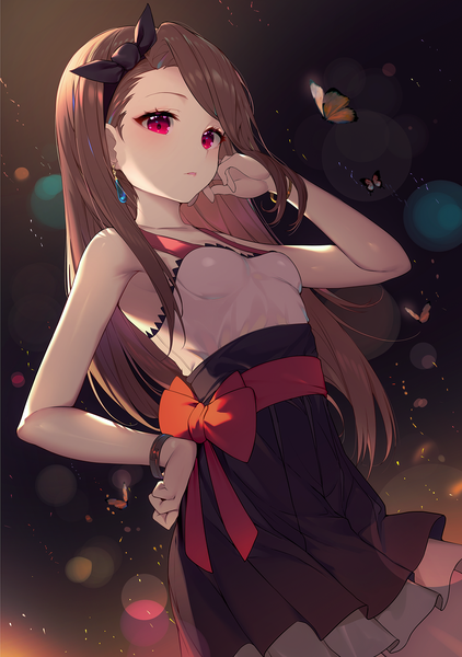 Anime picture 1200x1705 with idolmaster idolmaster (classic) minase iori topu single long hair tall image looking at viewer blush fringe simple background red eyes brown hair standing parted lips pleated skirt from below sleeveless hand on hip lens flare