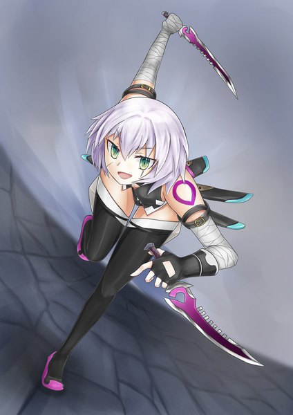 Anime picture 707x1000 with fate (series) fate/apocrypha jack the ripper (fate/apocrypha) aka tomato single tall image fringe short hair breasts open mouth light erotic smile hair between eyes holding green eyes payot looking away silver hair bent knee (knees) grey background