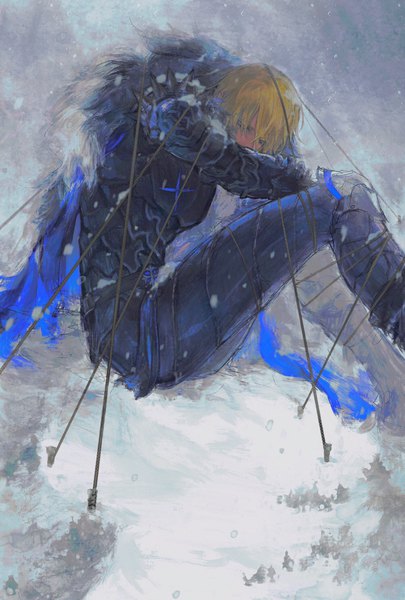 Anime picture 1384x2048 with fire emblem fire emblem: three houses nintendo dimitri alexandre blaiddyd sangzhujun single tall image looking at viewer fringe short hair blue eyes blonde hair hair between eyes sitting outdoors snow restrained boy cape knee pads
