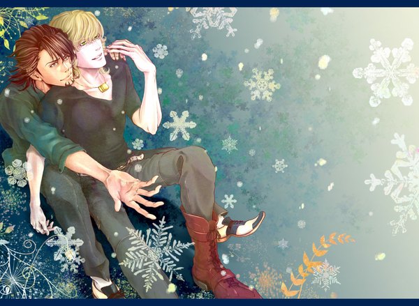 Anime picture 1146x840 with tiger & bunny sunrise (studio) kaburagi t. kotetsu barnaby brooks jr. short hair blonde hair brown hair sitting brown eyes green eyes multiple boys shounen ai twisty sleeves boy glasses boots pendant 2 boys snowflake (snowflakes) beard