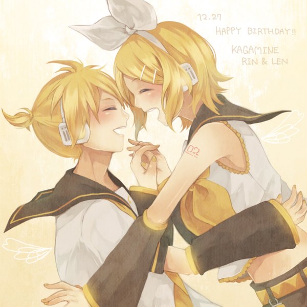 Anime picture 1227x1227 with vocaloid kagamine rin kagamine len chizu (sweet*cheese) blush short hair open mouth simple background blonde hair eyes closed nail polish profile inscription holding hands dated face to face yellow background twins happy birthday fake wings