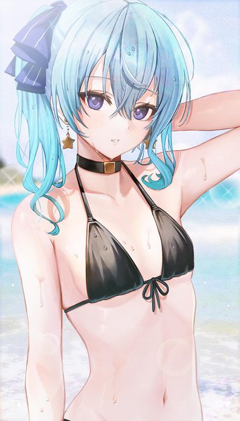 Anime picture 1000x1750 with virtual youtuber hololive hoshimachi suisei sanada keisui single long hair tall image fringe light erotic hair between eyes purple eyes blue hair upper body outdoors blurry wet side ponytail flat chest girl swimsuit