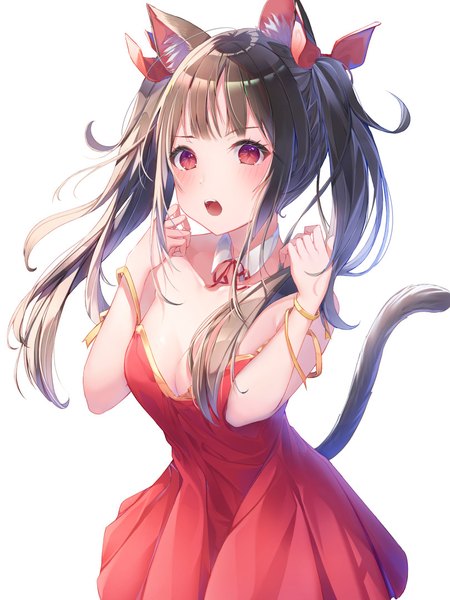 Anime picture 810x1080 with original keis (locrian1357) single long hair tall image looking at viewer blush fringe breasts open mouth light erotic black hair simple background red eyes large breasts standing white background twintails animal ears cleavage
