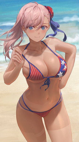 Anime picture 2606x4650 with fate (series) fate/grand order miyamoto musashi (fate) miyamoto musashi (swimsuit berserker) (fate) free style (yohan1754) single long hair tall image looking at viewer blush fringe highres breasts blue eyes light erotic hair between eyes large breasts standing pink hair cleavage