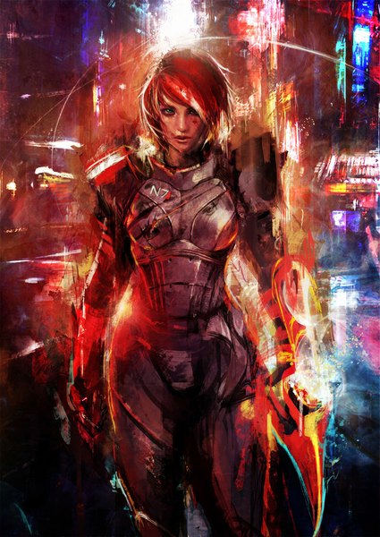 Anime picture 708x1000 with mass effect 3 commander shepard muju single tall image looking at viewer short hair standing green eyes red hair girl gloves weapon building (buildings) suit