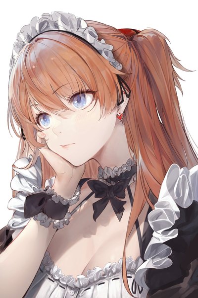 Anime picture 1447x2172 with neon genesis evangelion gainax soryu asuka langley ato (haru ato) single long hair tall image fringe breasts blue eyes simple background hair between eyes white background looking away cleavage upper body orange hair maid two side up alternate costume