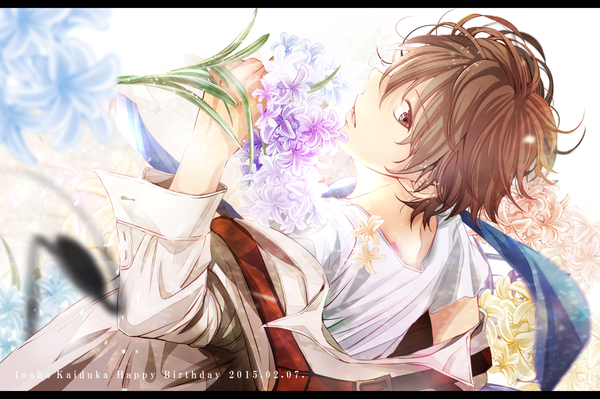 Anime picture 1280x853 with aldnoah.zero a-1 pictures kaizuka inaho r u n a single looking at viewer short hair brown hair brown eyes letterboxed boy flower (flowers) shirt white shirt t-shirt