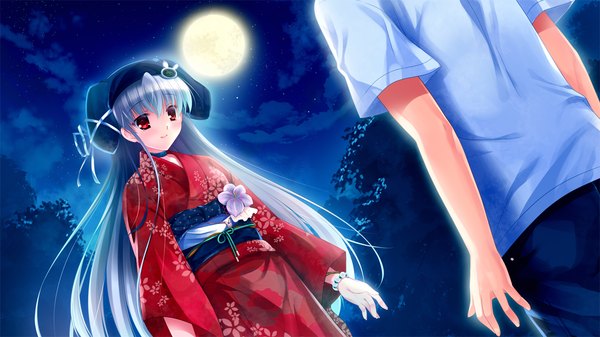 Аниме картинка 1280x720 с suika niritsu (game) длинные волосы красные глаза широкое изображение game cg белые волосы японская одежда девушка кимоно луна шапка