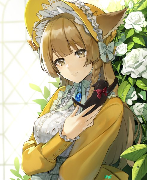 Anime picture 1000x1217 with original hieung single long hair tall image fringe brown hair brown eyes signed animal ears payot upper body ahoge braid (braids) light smile side braid animal on shoulder girl flower (flowers) hat