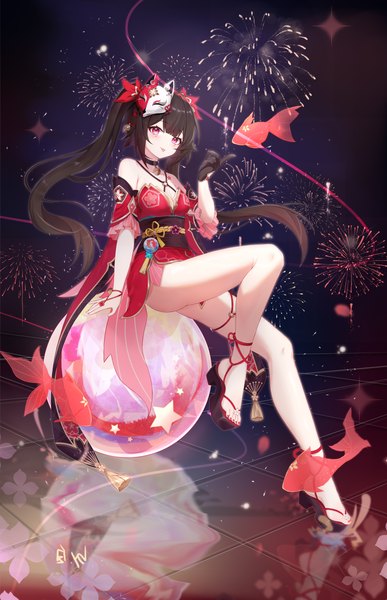 Anime picture 4905x7607 with honkai: star rail honkai (series) sparkle (honkai: star rail) bai qiangwei single long hair tall image looking at viewer fringe highres breasts light erotic smile brown hair sitting twintails bare shoulders payot absurdres full body