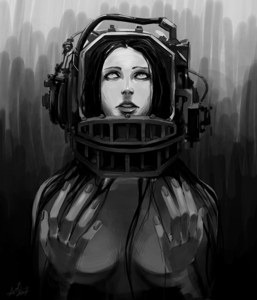 Anime picture 3000x3500 with saw (movie) amanda (saw) ami thompson single long hair tall image highres black hair absurdres monochrome looking up topless pale skin girl helmet