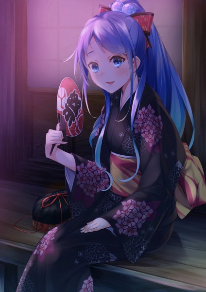 Anime picture 778x1100 with kantai collection samidare destroyer gedou (shigure seishin) single long hair tall image looking at viewer blush open mouth blue eyes smile sitting blue hair ponytail traditional clothes japanese clothes girl bow hair bow kimono