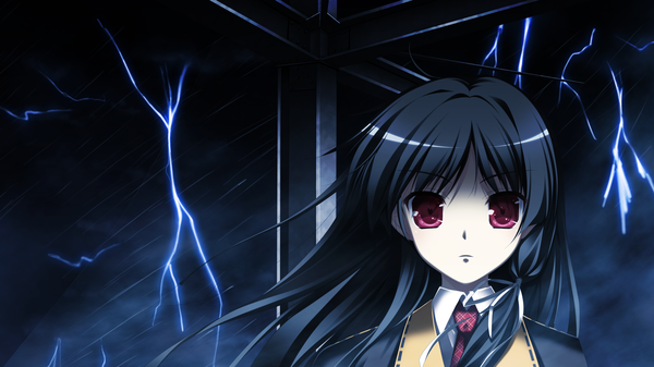 Anime picture 2560x1440 with shinigami no testament ichinose yua makita maki long hair highres black hair red eyes wide image game cg rain lightning girl uniform school uniform