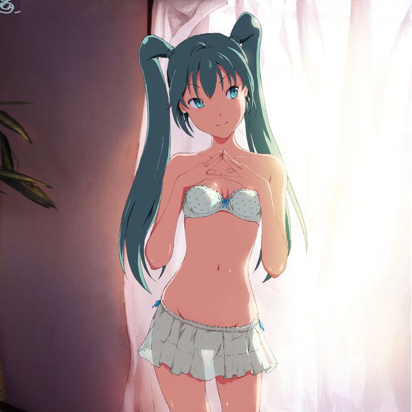 Anime picture 800x800 with vocaloid hatsune miku shiika sadamasa single long hair fringe light erotic standing twintails payot looking away indoors head tilt pleated skirt aqua eyes light smile aqua hair fingers together see-through silhouette girl